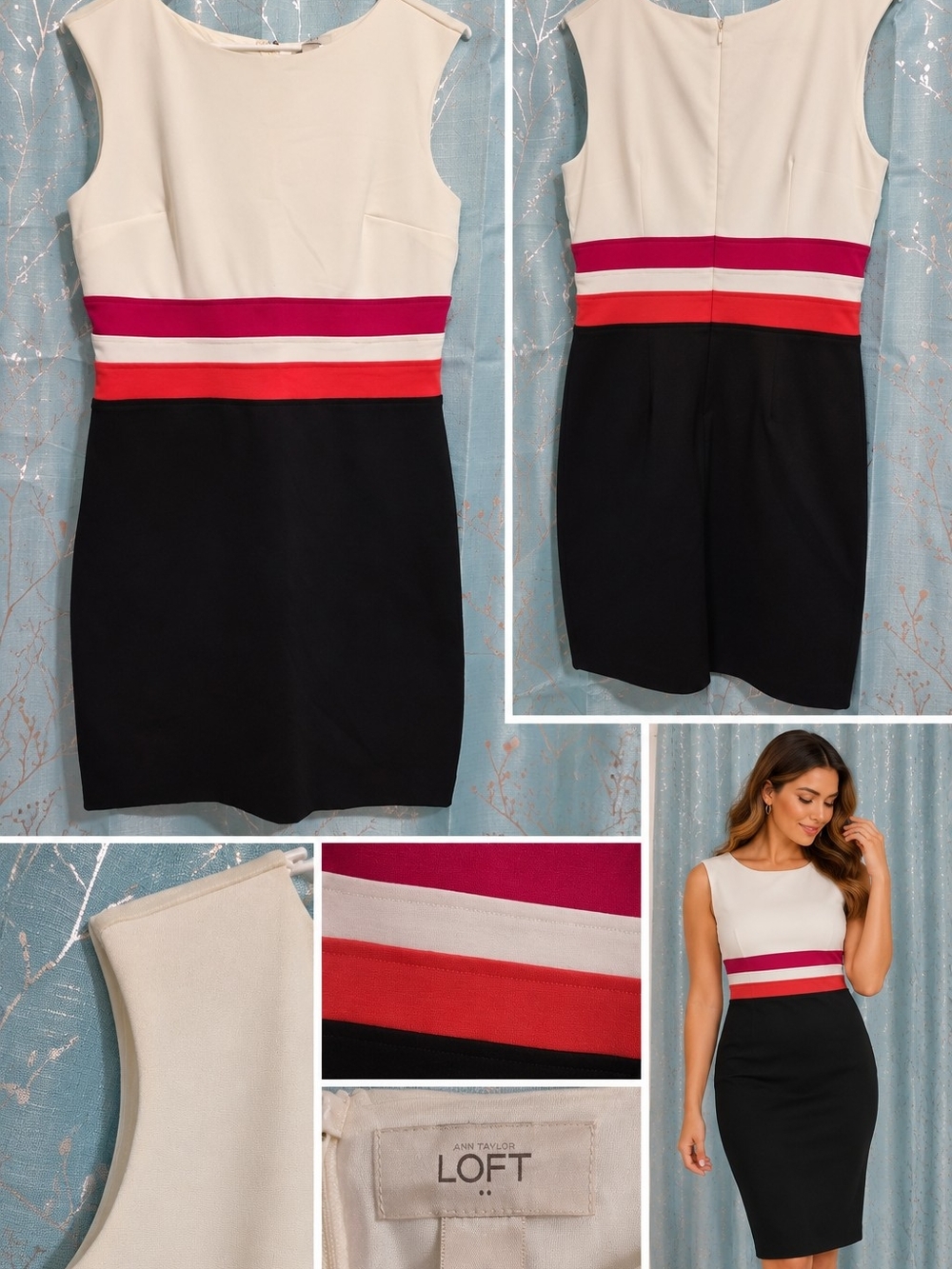 LOFT Cream, Pink, Red & Black Colorblock Midi Sheath Dress